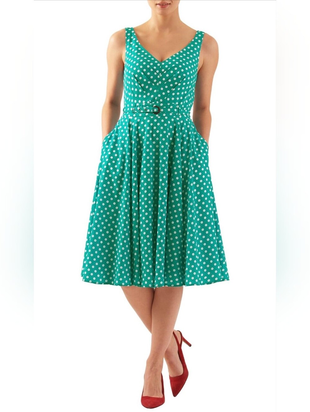 eShakti Teal Polka Dot A-Line Midi Dress 4X Pockets